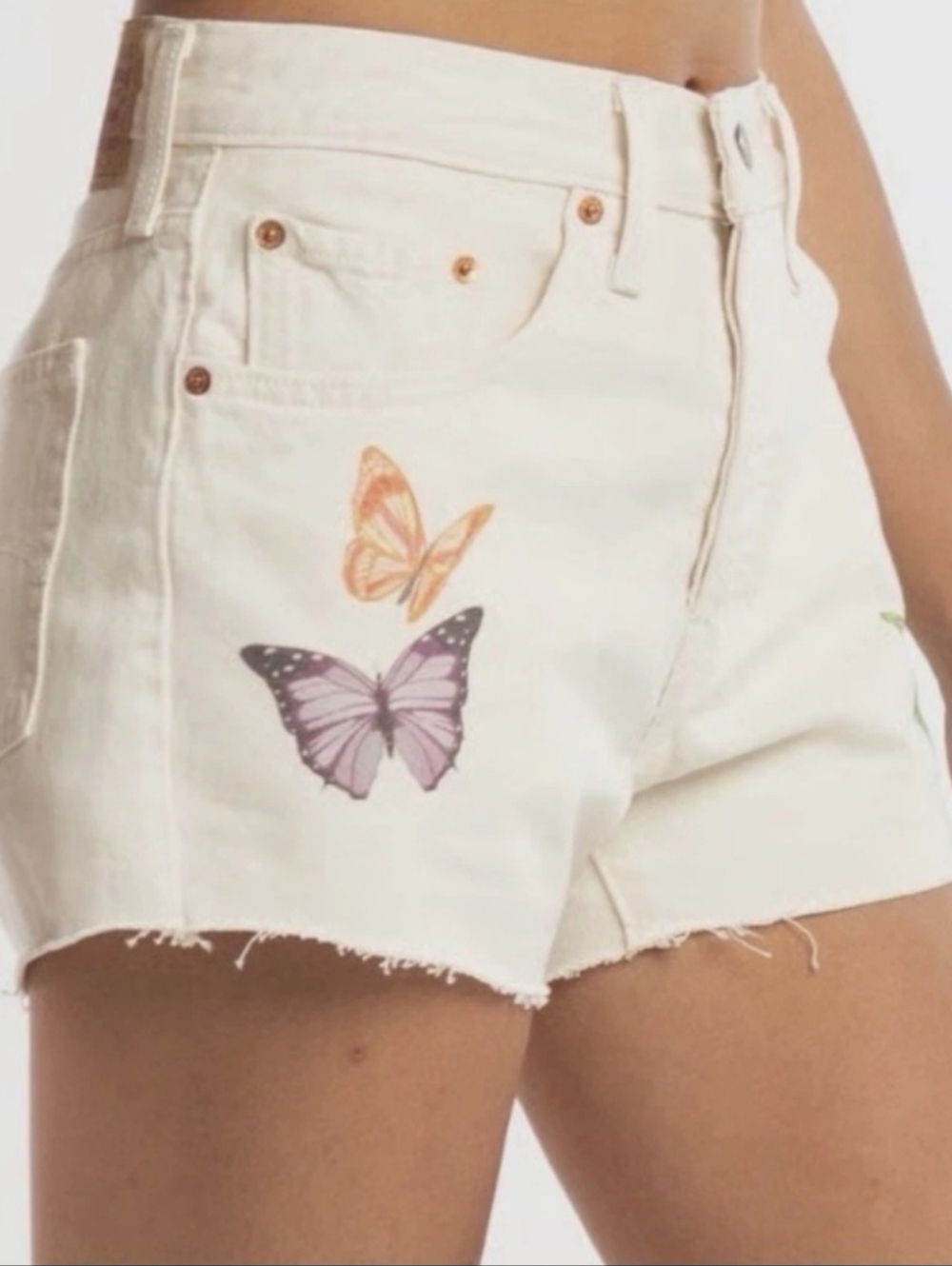 Levis 501 Buttonfly White Butterfly Print Denim Shorts -Shorts